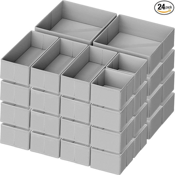 Criusia Drawer Organizer Clothes, 24 Pack Dresser Organizer for Baby Clothes, Underwear, Sock- Foldable Closet Organization and Storage Dividers Bins for Nursery, Bedroom and Dorm (Grey)