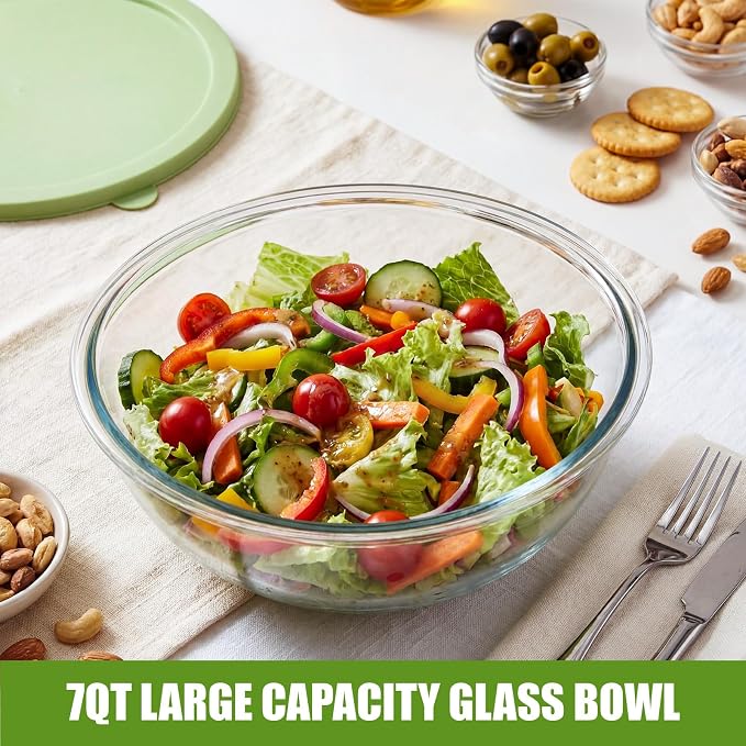 7 Qt Large Glass Mixing Bowl with Lid Thickened Borosilicate Glass Bowl for Baking Sourdough, Meal Prep, Salad, Mixing, Microwave Storage Prepping Freezer Safe