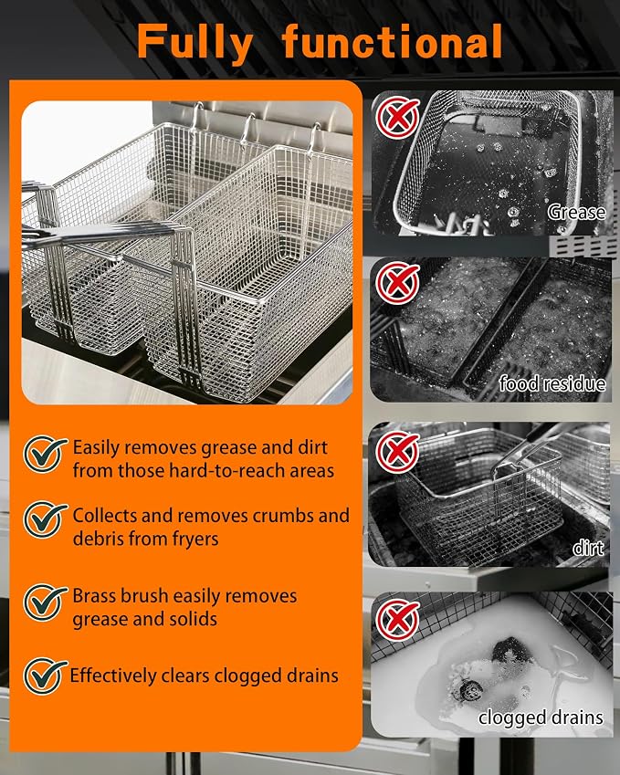 Fryer Cleaning Tool 5 Piece Set, for Commercial Kitchen, Fryer | Include Deep Fryer Basket Brush, Long Handle L-Shaped, Straight Crevice Cleaning Brush, Cleanout Rod, V-Shaped Strainer Scoop