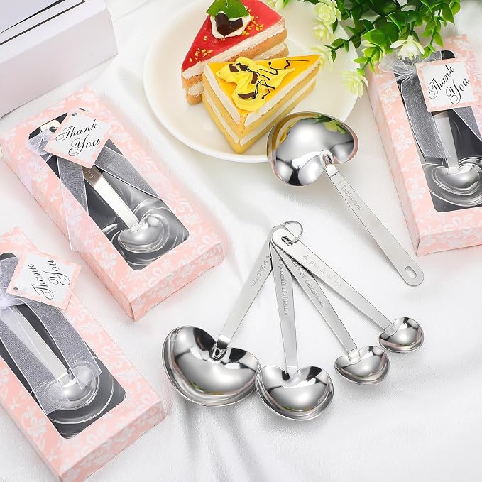 Yinder 50 Sets Heart Measuring Spoons Wedding Favors for Guests with Gift Box and Thank You Card, Bridal Shower Favors Bulk, Kitchen Measuring Spoon Gift Set for Party Souvenirs(Pink)