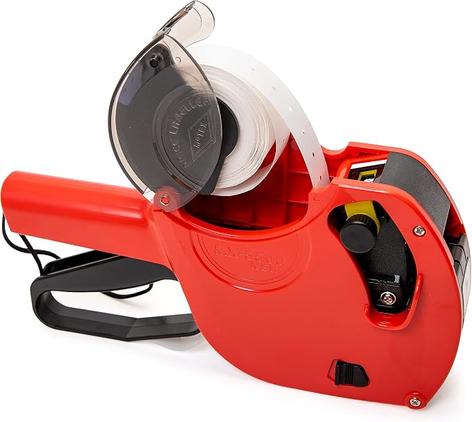 Motex MX-5500 New Version 1 Line 8 Digits Price Tag Gun – Pre-Loaded 1,000 White Sticker Labels and Pre-Loaded Inker with 1 Ink Refill - for Grocery Store, Retail Shop, Garage Sale (Dark Red)