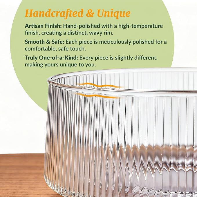 NiHome Glass Salad Bowl Set, Large Serving Bowl with Wood Utensils | Acacia Wood, Separate-Piece Ribbed Design for Easy Dishwasher Cleaning, Versatile for Pasta, wine & Snacks at Gatherings