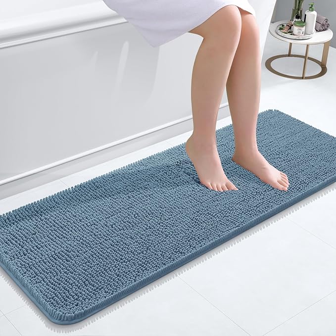 OLANLY Bathroom Runner Rugs 47x17, Soft Absorbent Chenille Bath Rugs, Rubber Backing Quick Dry, Machine Washable Long Bath Mats for Bathroom Floor, Tub and Shower, Home Decor Accessories, Airy Blue