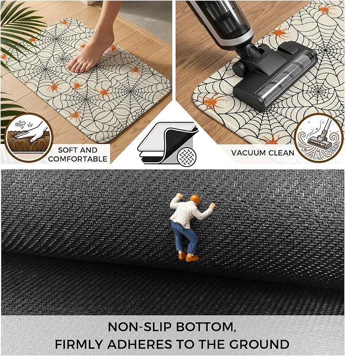 Halloween Bathroom Runner Rugs Non Slip Washable Absorbent Narrow Long Bath Mat Black Net Classic Spiders Gingham Orange Rustic Runner Rugs for Kitchen Hallway Bedroom Laundry Study Room 15.7"x47.2"