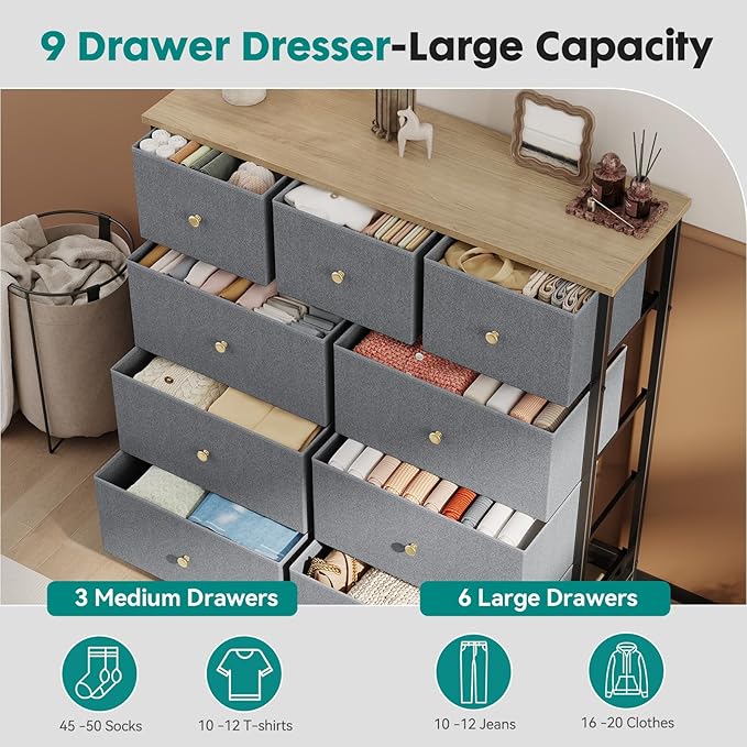 OLIXIS 9 Drawer Storage Dresser with Wood Top - Wide Fabric Chest Organizer for Bedroom, Closet, Living Room,Tower Cabinet, TV Stand, Hallway Entryway Furniture,Gray Blue