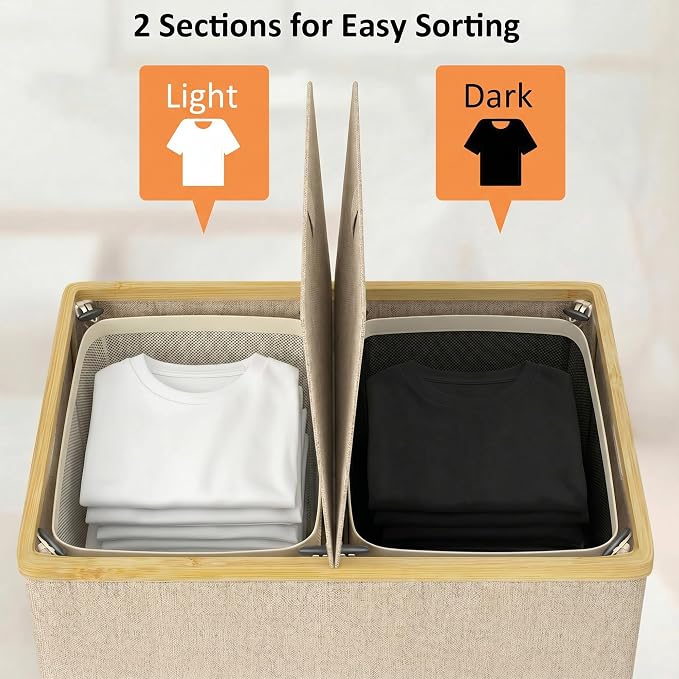 efluky Laundry Hamper with Lid, Double Laundry Basket with 2 Removable Bags, 2 Section Laundry Bin with Bamboo Handles for Bathroom, Bedroom & Laundry Room, 140L (36.9 Gallon) Oat