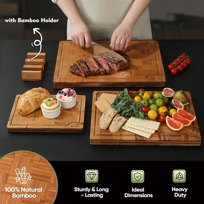 Heavy Duty Bamboo Cutting Board Set 3 Pack Non Toxic Juice Groove Charcuterie Board Book Wood Cutting Boards for Kitchen Solid End Grain Wood Chopping Board Large Butcher Block