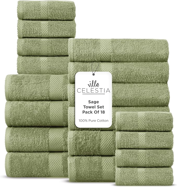 Villa Celestia 18-Piece 100% Cotton Towel Set, 4 Bath Towels, 6 Hand Towels, 8 Wash Cloth, Quick-Dry, Sage