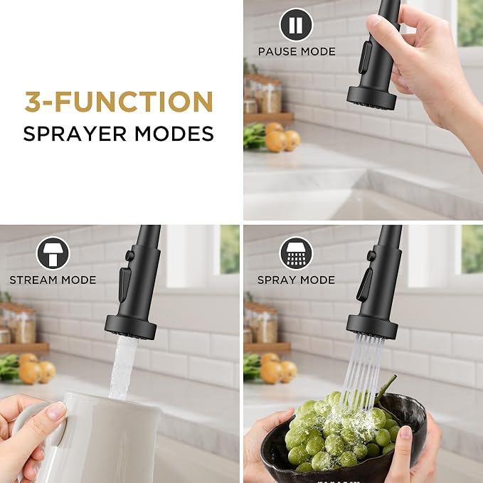 FORIOUS Kitchen Faucet with Soap Dispenser, Black Stainless Steel Sink Faucet with Sprayer Single Handle, Commercial Modern Spring Faucet for Kitchen Sink, Bar & Prep Sink, Laundry RV Camper