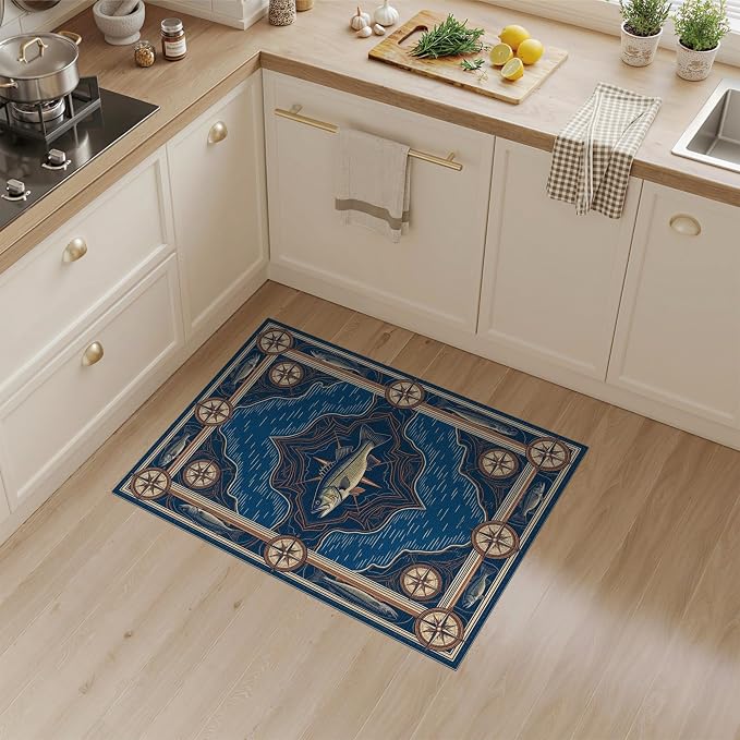 3'x5' Washable Area Rug Bass Nautical Wildlife Lake Map Border Lure Tackle Fish Fishing Refined for Home Office, Hallway, Laundry Room, Non-Slip Chair-Friendly