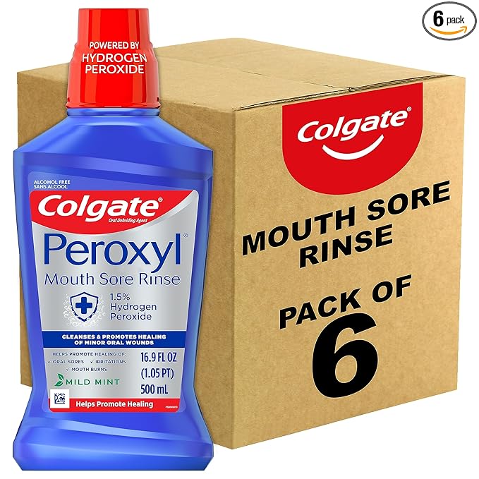 Colgate Peroxyl Antiseptic Mouthwash and Mouth Sore Rinse, 1.5% Hydrogen Peroxide, Mild Mint - 500ml, 16.9 Fluid Ounces (Pack of 6)