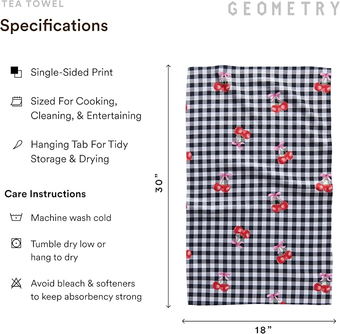 GEOMETRY Tea Towels – Spring & Summer Collection – Quick-Dry, Ultra-Absorbent, Reusable Microfiber Kitchen Towels for Drying & Cleaning (Cherry Bow, 1-Pack)