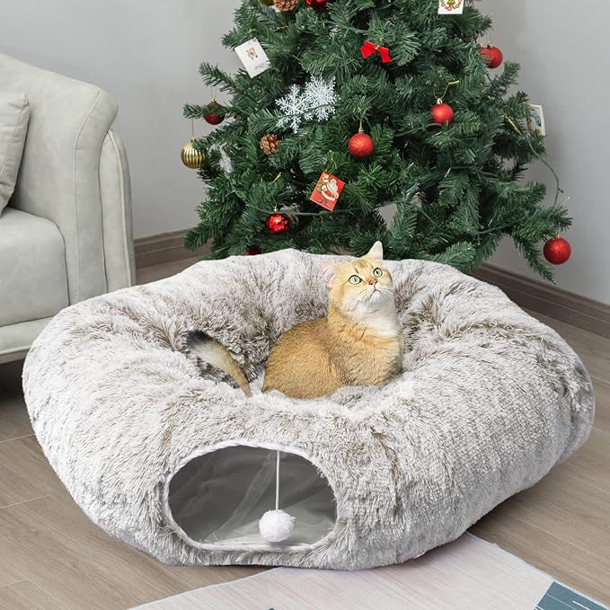 AUOON Plush Cat Tunnel Bed for Indoor Cats, 36" L x 36" W x 11.5" H, Khaki | 2 in-1 Interactive Cat Toy, with Hanging Ball Toy, Machine Washable Center Pad, for Kitten Puppy Rabbit Ferret