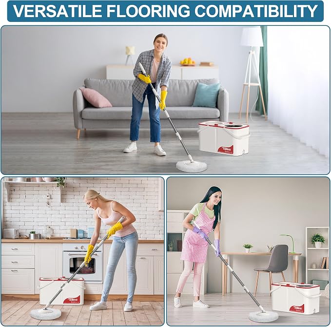 RinseWise Large Gen 1 Mop Bucket Set, Clean/Dirty Water Separation | 2 Gal Clean-Water Capacity, 4 Swivel Wheels, 61-Inch Handle, 6 Reusable Heads, For Pet Homes,Hardwood,Laminate & Tile Floors