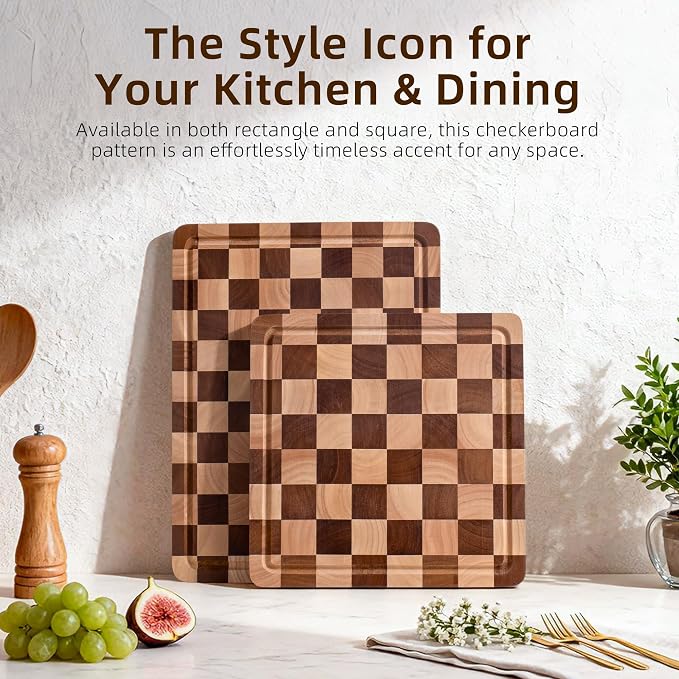 Checkered Cutting Board for Kitchen - Wood Thick Checkerboard End Grain Chopping Board with Handle & Juice Groove, Double Sided for Cooking, Serving and Decor, Rectangular 16" x 12" x 1"
