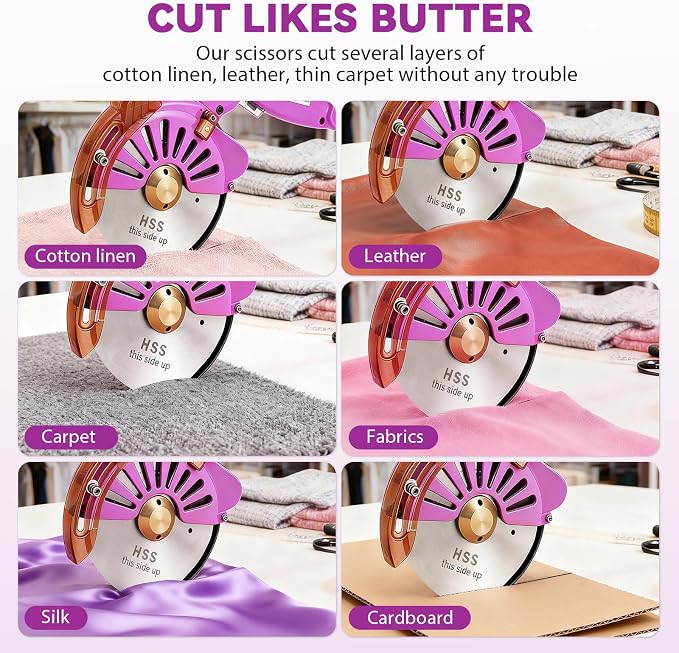 BAOSHISHAN 100mm Plug-in Electric Fabric Rotary Cutter Heavy Duty | Speed Adjustable Round Blade Fabric Cutting Machine for ≤1.06 inch Thickness Multilayer Fabric Leather Cloth Carpet (Purple)