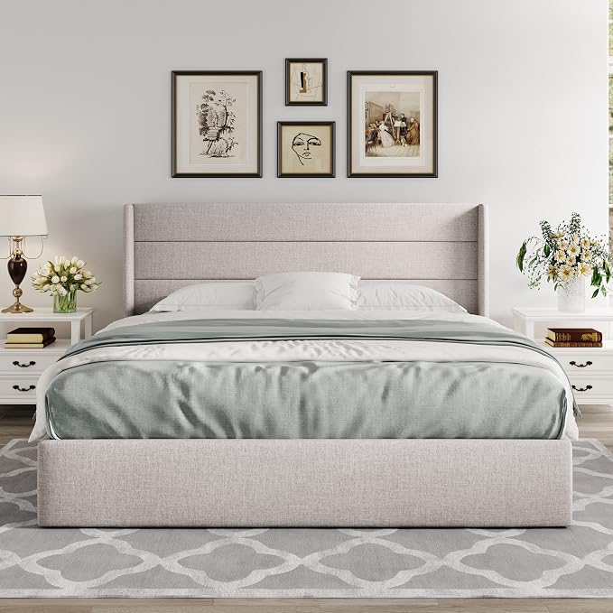Allewie King Size Lift Up Hydraulic Storage Bed Frame Light Beige | Modern Wingback Headboard, Hydraulic Support Storage, No Box Spring Needed