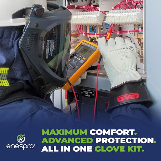 Enespro Class 0 Insulated Electrical Gloves Kit, 1000V AC/1500V DC, Size 8 | ASTM D120 and NFPA 70E Rubber Glove Set with Leather Protectors and Storage Bag for Power Crews and Utility Workers, Black
