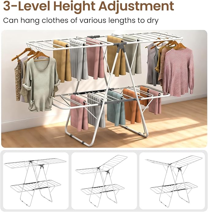 Clothes Drying Rack, 2-Tier Foldable Laundry Dryer Rack, Metal Height Adjustable Clothes Rack, for Outdoor & Indoor, with 31 Drying Rails, 59" L × 23.8" W