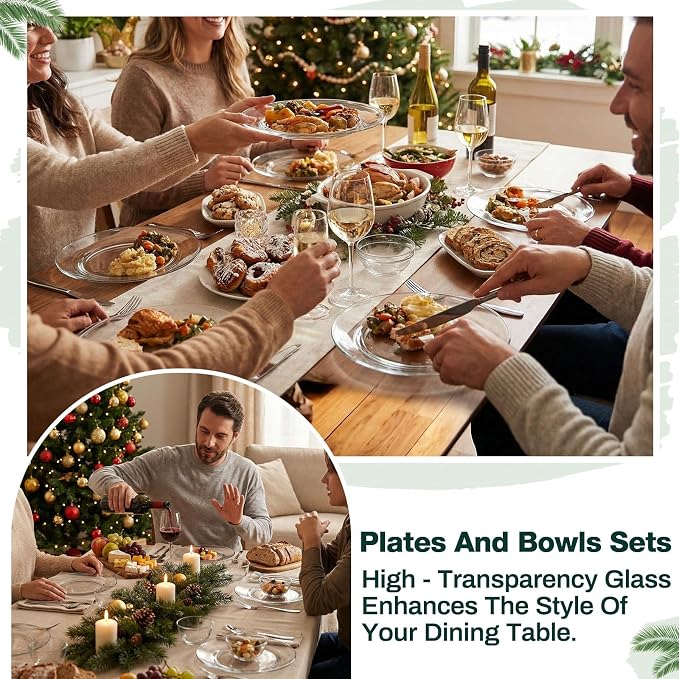 Havawish 24 Pcs Glass Dinnerware Set Sleek Round Clear Glass Plate and Bowl Sets for Dessert, Salad, Fruit, Dishwasher, Microwave Safe Kitchen Dining