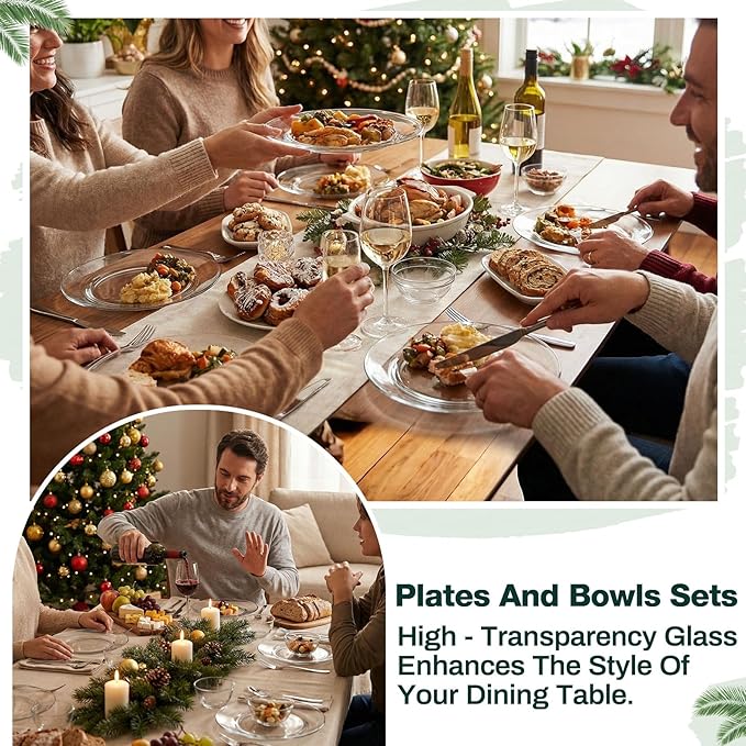 Havawish 18 Pcs Glass Dinnerware Set Sleek Round Clear Glass Plate and Bowl Sets for Dessert, Salad, Fruit, Dishwasher, Microwave Safe Kitchen Dining