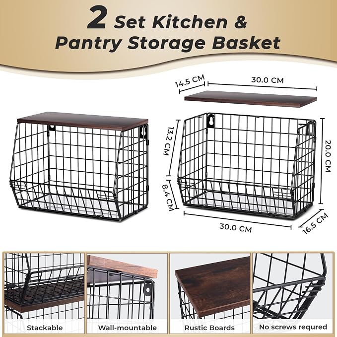 Mefirt 2pcs Fruit Basket Kitchen Storage Basket with Wood Lid, Stackable Wall Basket Fruit Basket for Kitchen, Countertop Organizer for Snack, Fruit and Veggie Storage, 11.8 x 7.9 x 8.5 Inch