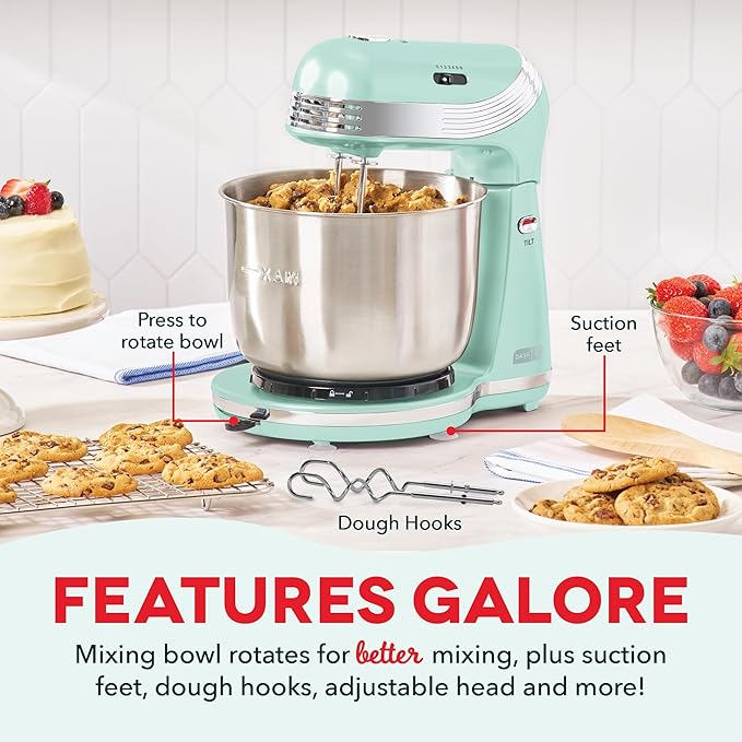 Dash Everyday Stand Mixer - Compact Tilt-Head Stand Mixer for Everyday Recipes - 6-Speed Power with Stainless Steel Bowl - Aqua, 3-Quart