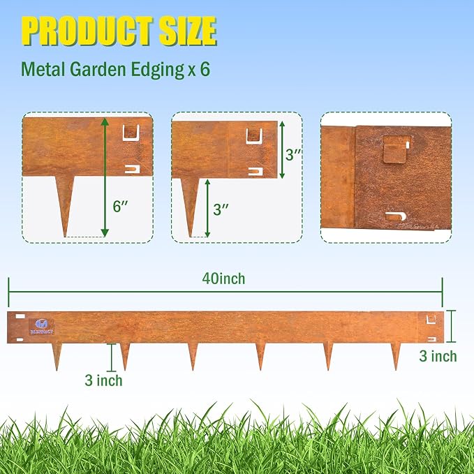 20ft Metal Edging Landscape 6 Pack 6 inch, Decorate Lawn Yard and Fence | Includes a Pair of Gloves, Bendable Hammer-in Steel Edging Landscape, Easy Installation, Adaptable to Various Outdoor Spaces