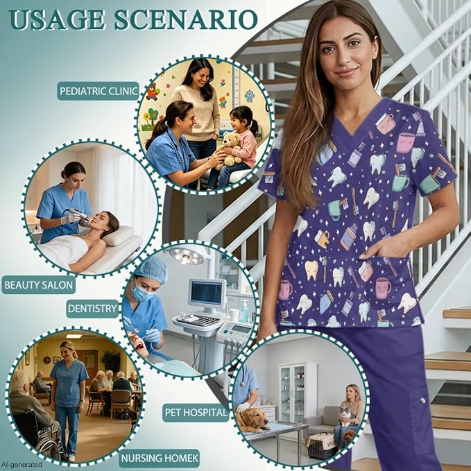 Gomyblomy Women's Scrubs Suit 3-Piece Set | Teeth Print V-Neck Top & Pants & Cap, Breathable and Stretch Fabric, S-5XL