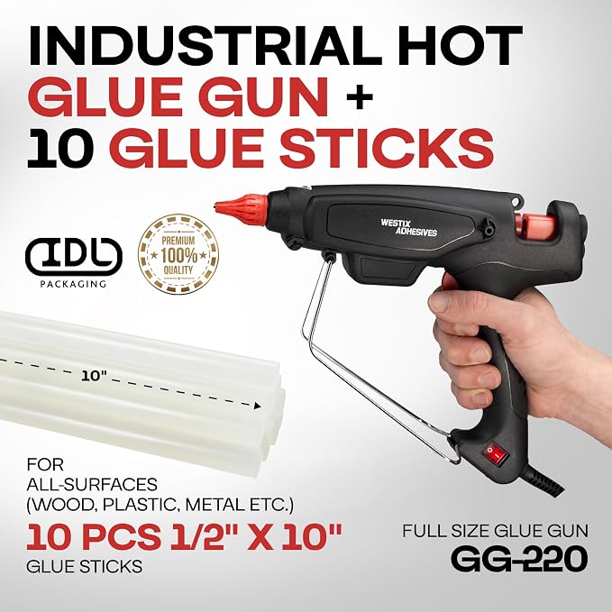 IDL Packaging GG-220 Industrial 200W Hot Glue Gun with 10 pcs Glue Sticks - 1/2" x 10" Full-Size Glue Sticks - Hot Glue Gun Kit for All Surfaces, Wood, Metal, Plastic, Glass, Tile, Cardboard
