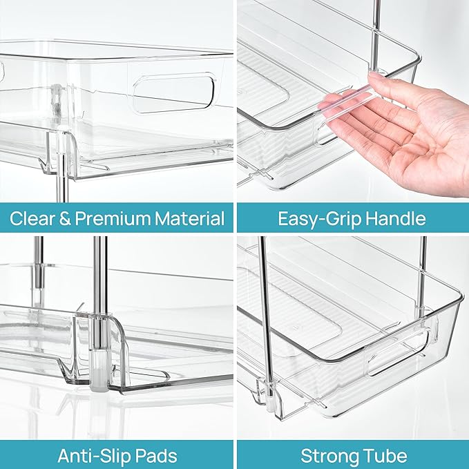 Vtopmart 2 Pack Higher Bathroom Organizer, 2 Tier White Under Sink Organizers Vanity Countertop Storage Container,Cabinet Drawers Bins, Pull-Out Organization with Track for Pantry, Kitchen