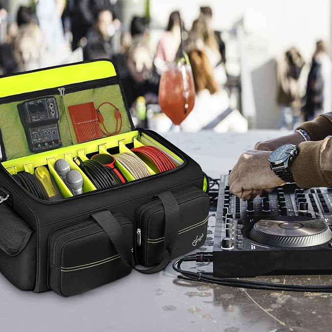 SNIGJAT DJ Bag, Large Capacity DJ Cable Bag with Detachable Hard Dividers | Gig Bag for Musicians with 6 Pockets for Extension Cords, Mics, Cable Organizer with Padded Shoulder Strap, DJ Accessories