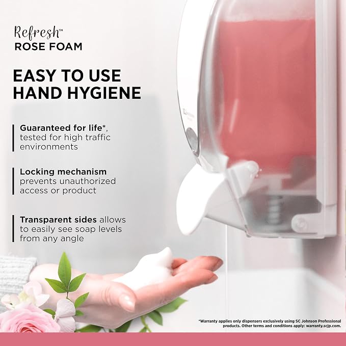SC Johnson Professional Rose FOAM Dispenser and Refill Starter Kit, Wall Mount Soap Dispenser for Hand Soap, 1 Refresh Rose FOAM Hand Wash, 1 Liter Cartridge, 33.8 fl. oz., for Professional Use Only