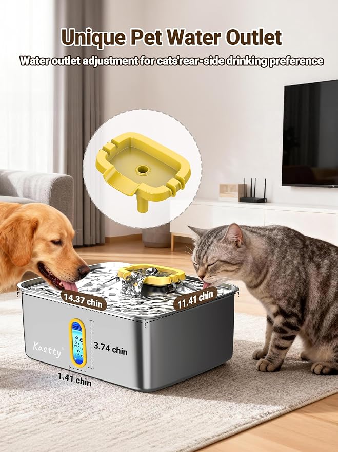 Kastty 15L/3.96 Gal Stainless Steel Large Capacity Dog Water Fountain | Ultra Quiet Dog Water Bowl Dispenser LED Light Multi Filtration Cat Water Fountain,Pet Water Fountain Easy Clean(FS78,Yellow)