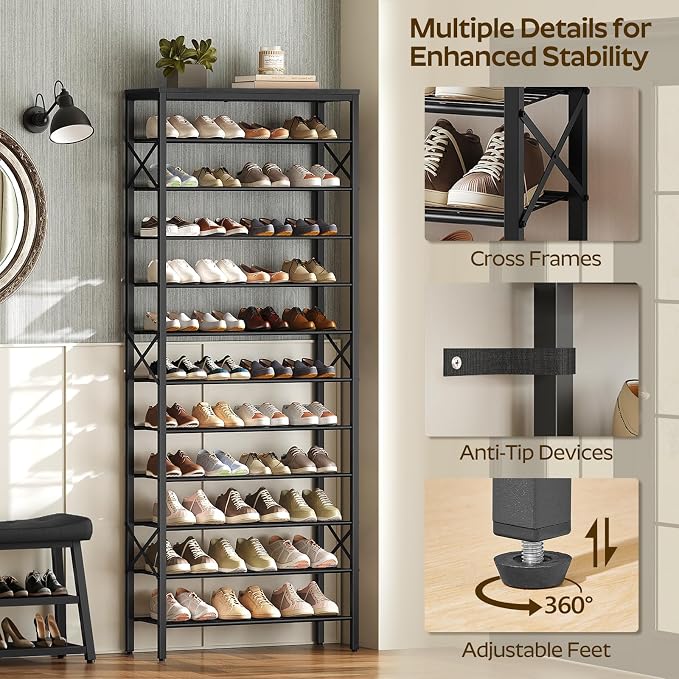 YATINEY 12 Tier Shoe Rack, Large Capacity Shoe Storage Organizer Holds 48 Pairs, Sturdy and Stable, for Entryway, Hallway, Closet, Dorm Room, Black SS12BB