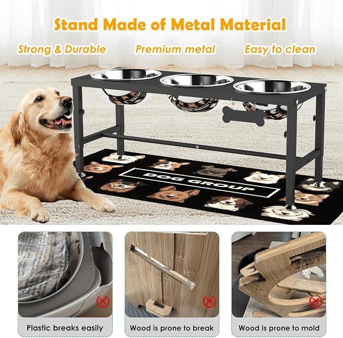 Extra Large Elevated Dog Bowls, 4 Adjustable Height with Three 101oz/3000ml Large Stainless Steel Bowls and Splash pad, Raised Dog Bowl Stand for Large and Extra Large Breeds