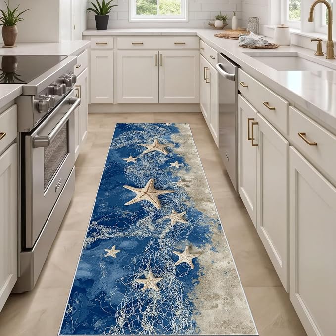Summer Seaside Hallway Runner Rug 4x10 - Starfish Fishing Net Washable Non Slip Runners Rug, Sea Beach Soft Low Pile Ktichen Rugs for Entrance Corridor Living Room Bedroom