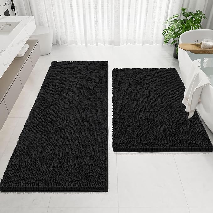 Bathroom Rugs Mat 72 x 24, Thick Soft Absorbent Chenille Bath Rugs, Rubber Backing Bath Mats for Bathroom Floor, Tub, Shower, Bedroom, Home Decor Accessories, Quick Dry Machine Washable, Black