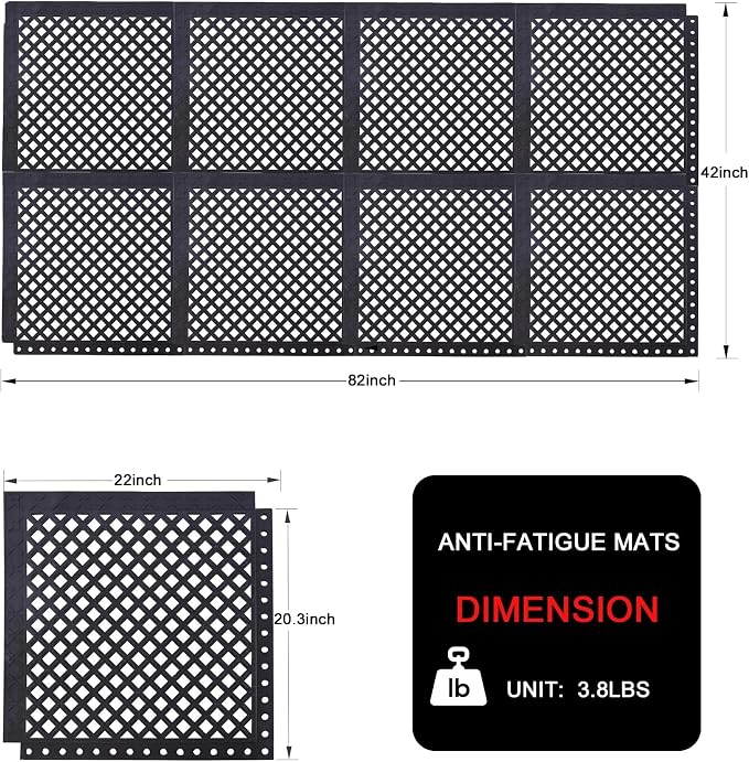 Interlocking Rubber Floor Mats 21”x21” 8 Pack - Open Grid Drainage Tiles, Non-Slip for Deck, Patio, Pool, Garage & Wet Areas