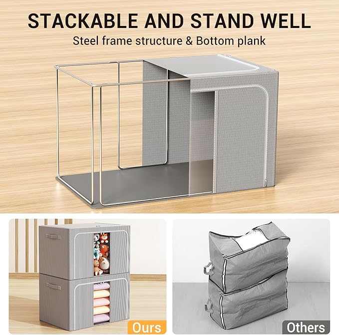 Clothes Storage Bins with Metal Frame Foldable Storage Box Clothes Organizers Storage Containers for Clothes Sheets Blankets Books Toys Gifts and Holiday Decorations (66Lx3 Pack)