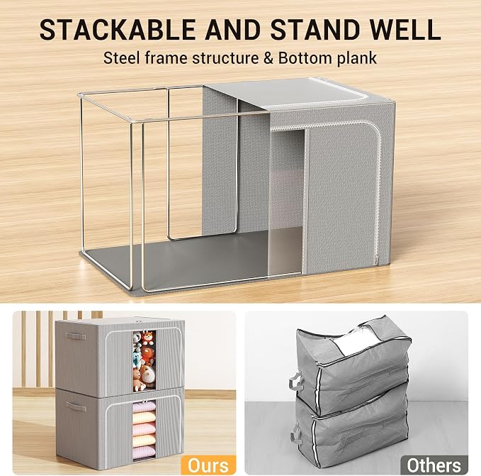 Clothes Storage Bins with Metal Frame Foldable Storage Box Clothes Organizers Storage Containers for Clothes Sheets Blankets Books Toys Gifts and Holiday Decorations (24Lx3 Pack)