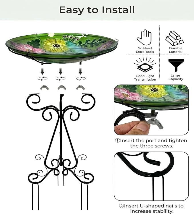 Large Glass Bird Bath with Metal Stand, Dragonfly | 18" Wide Bowl, 3.2" Bathing Depth, Thick Glass Construction, Stable 3-Leg Base, Easy Clean Surface, Garden Decor