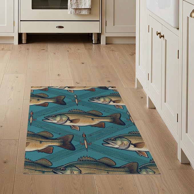 3'x5' Washable Area Rug Bass Trophy Catch Vintage Lure Spotted Tackle Motif Fish Fishing Refined for Entryway, Kitchen, Mudroom, Stain Resistant Flatwoven