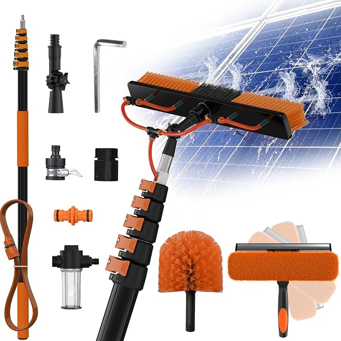 Buyplus 30FT Reach Solar Panel Cleaning Brush Kit with 5-24FT Telescoping Pole, Water Fed Window Cleaner Tool with 20" Brush, Soap Dispenser, Cobweb Duster, Squeegee for Roof, RV, Gutter, Deck,Orange