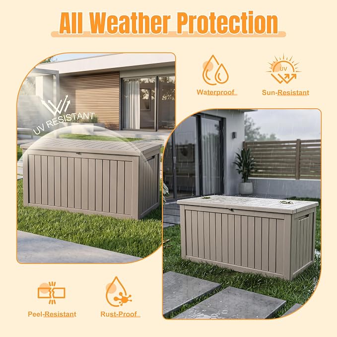 Outdoor Storage Box, 360 Gallon Waterproof Resin Deck Box with Support Rod | UV Resistant Lockable Package Delivery Bin, Shoe, Patio & Garden Tools Storage, Toy Cabinet, Ottoman, Indoor/Outdoor