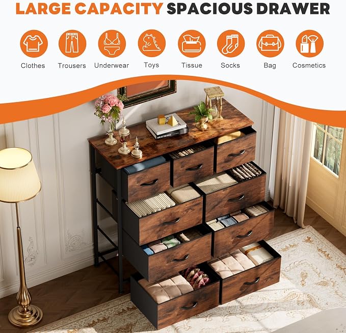 Sweetcrispy 9-Drawer Fabric Dresser Storage Tower with Wood Top and Steel Frame, Organizer Chest with Easy Pull Handles for Bedroom, Closet, Hallway,Distressed Brown