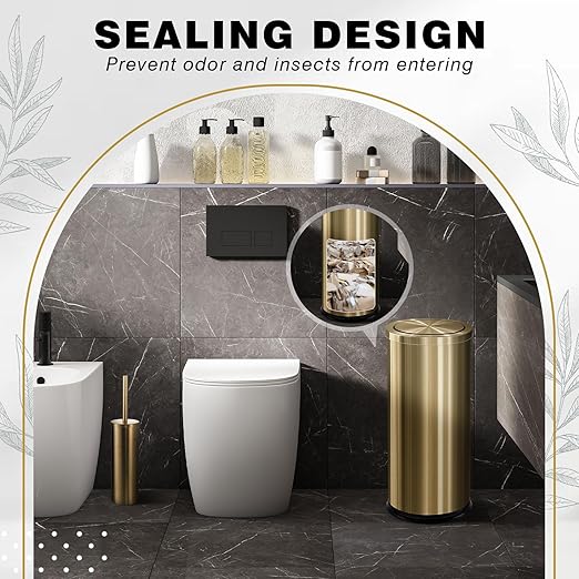 Maxdot 2 Pcs 8 Gallon/30 L Gold Bathroom Trash Can with Flip Lid and Toilet Brush Set, Large Luxury Stainless Steel Garbage Trash Can Wastebasket Bin for Commercial Office Hotel Bathroom Shopping Mall