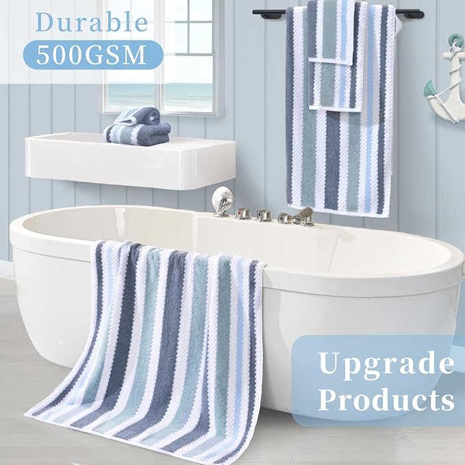 VOOVA & MOVAS Stripe 6PC Towel Set, Cotton Blend, Blue Gray White | 2 Bath 30x56 In, 2 Hand 16x27 In,2 Washcloths 13x13 In, Quick Dry, 540GSM, With Hanging Loops
