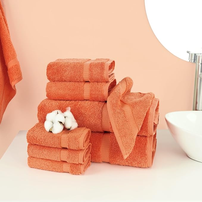 Chakir Turkish Linens Set of 8 Towel Set, 100% Cotton Luxury Turkish Towels for Bathroom, Soft Absorbent Bath Towel Set with 2 Bath Towels 2 Hand Towels 4 Washcloths, Coral