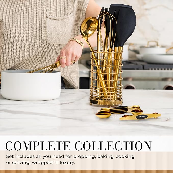 Styled Settings Black and Gold Kitchen Utensils Set – 15-Piece Cooking Set Includes Black Silicone Utensils, Gold Utensil Holder, and Magnetic Measuring Spoons – Stylish Kitchen Accessories